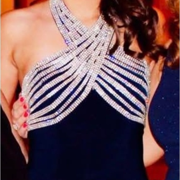 Jovani navy Evening Gown , jersey with Beaded Halter Neck 2 - Picture 3 of 13